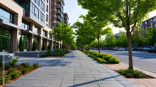 Wide sidewalk lined with green trees and modern buildings under clear sky in an urban environment