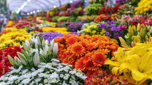 Vibrant flower market stall brimming with colorful blooms