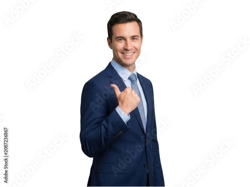 Young businessman in suit pointing thumb back isolated on transparent layer
