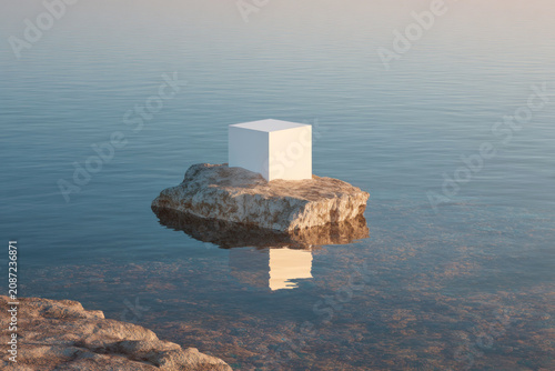 Empty White Display Podium Mockup Standing on a Rock Surrounded by Crystal Clear Water