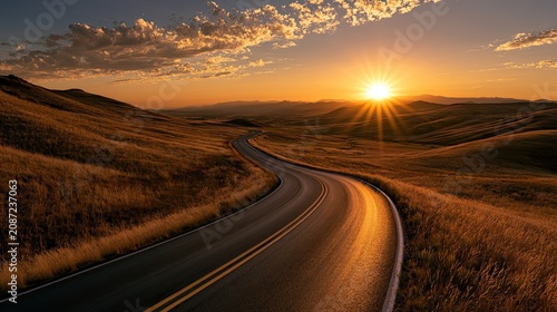 Golden hour sun bursts over a winding road through golden hills