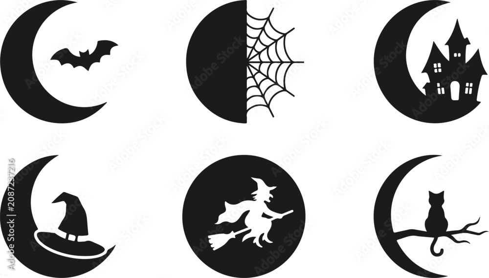 Fototapeta premium Set of black moons in a grunge brushstroke style. Goth moon for design and prints. Vector illustration isolated on a white background. and six unique witch hat designs in black and white