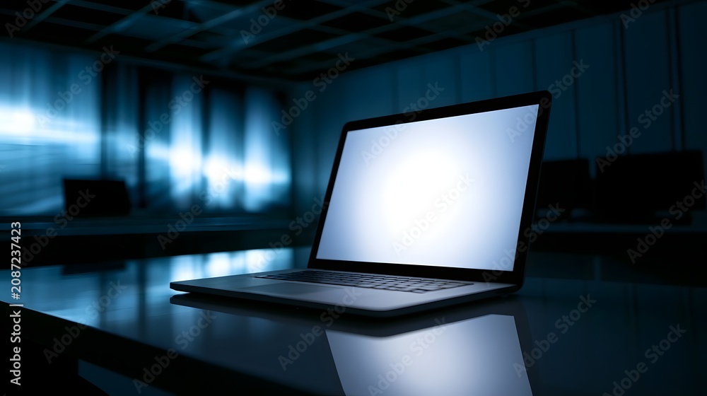 Fototapeta premium A glowing laptop sits on a dark desk in an empty office with blue ambient lighting and blurred background screens