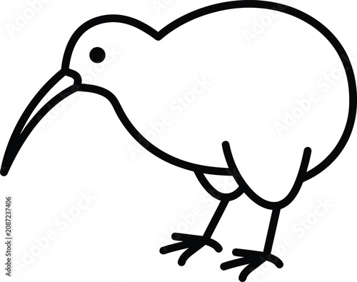 Kiwi bird simple outline drawing on transparent background, flightless avian illustration, new zealand icon.