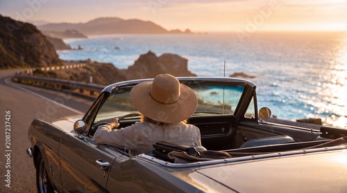 Foto Woman driving convertible car on scenic coastal road at sunset