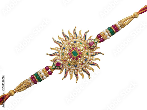 Sunburst design Indian gold Rakhi bracelet isolated on transparent background