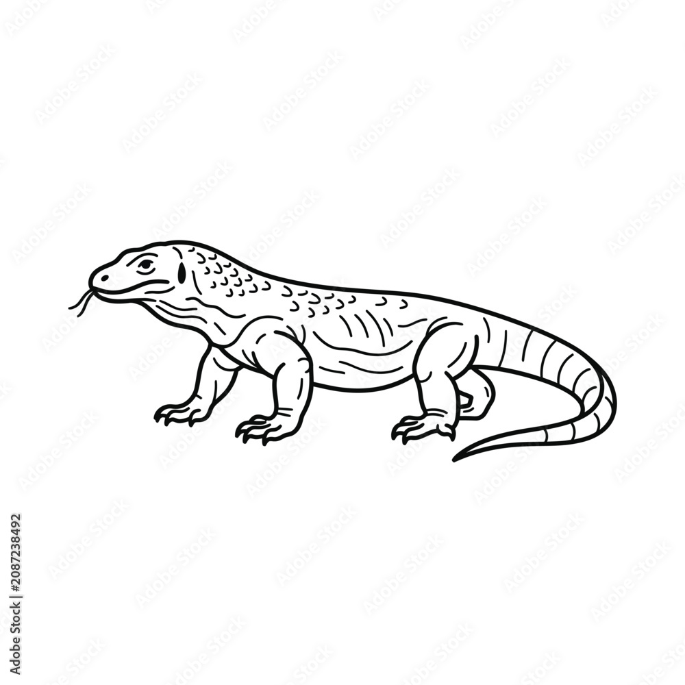 Obraz premium Komodo dragon lizard line art vector illustration isolated on white background for coloring page.