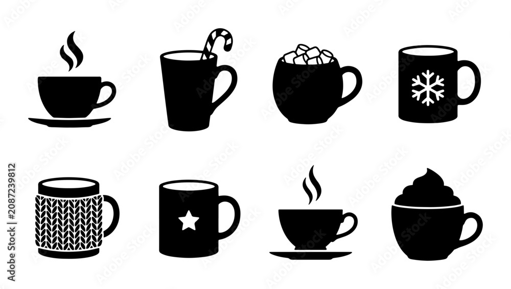 Obraz premium Hot Beverage Mugs Vector Icons Set, Coffee Cup Collection, Winter Drinks, Warm Beverages