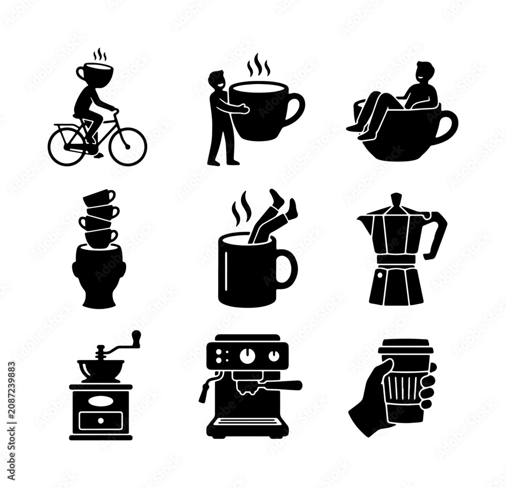 Obraz premium Coffee Icons Set: Espresso Machine, Moka Pot, Grinder, Cups, Lifestyle