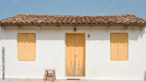 Traditional colonial house facade with yellow wooden door and shutters
