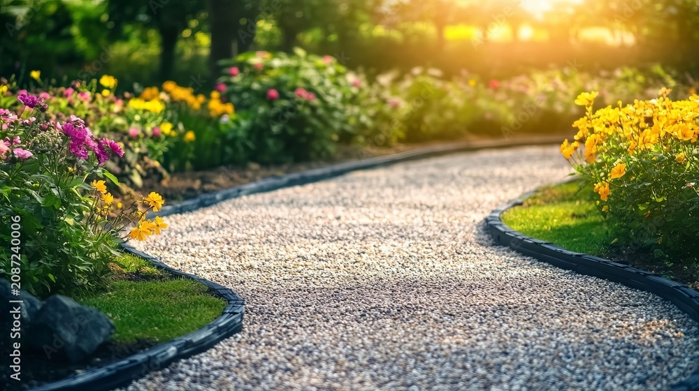 Naklejka premium A Beautiful Serene Garden Features a Winding White Gravel Pathway Lined with Seasonal Flower Beds.