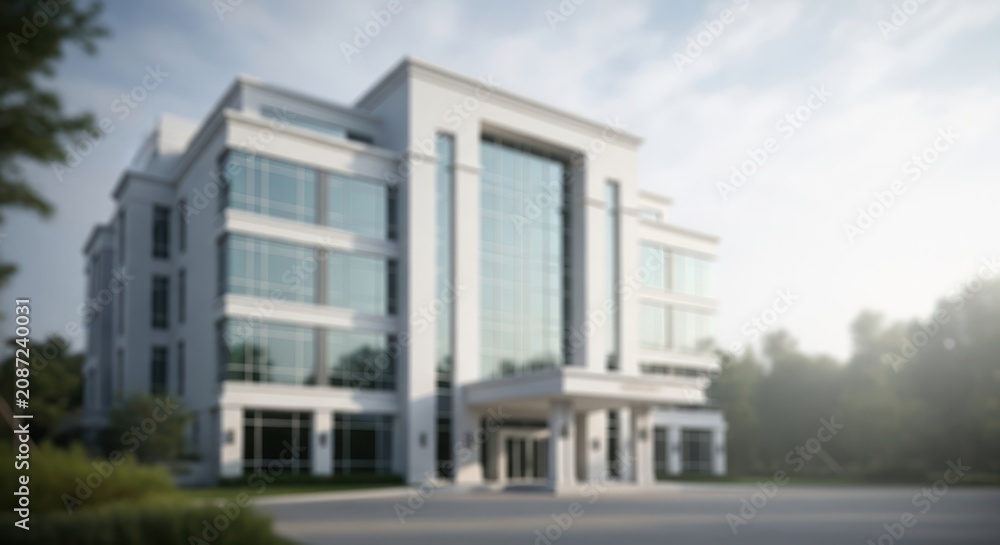 Obraz premium Blurred modern office building exterior with glass windows and bright sky