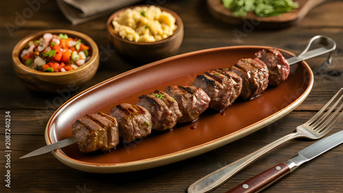 Grilled meat skewer on a brown ceramic plate with rustic side dishes