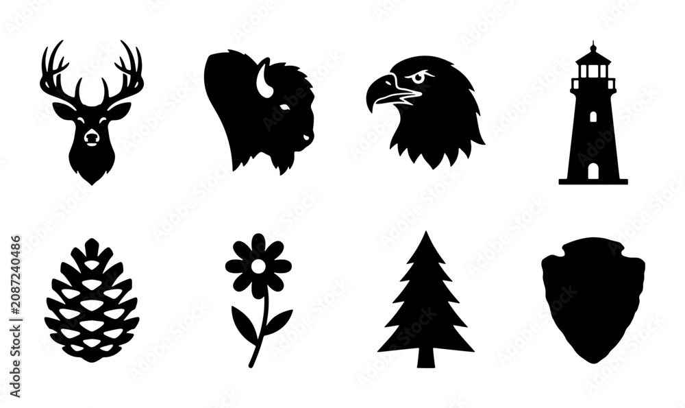 Fototapeta premium Nature Icons Set: Deer, Bison, Eagle, Lighthouse, Pinecone, Flower, Tree, Arrowhead