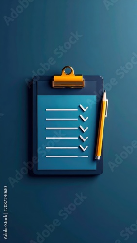 Stylized checklist clipboard with pencil on deep blue background, planning concept