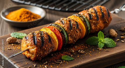 Grilled meat and vegetable skewer kebab with spices on wooden board