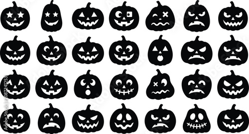 Black silhouette jack o' lantern faces collection for halloween designs