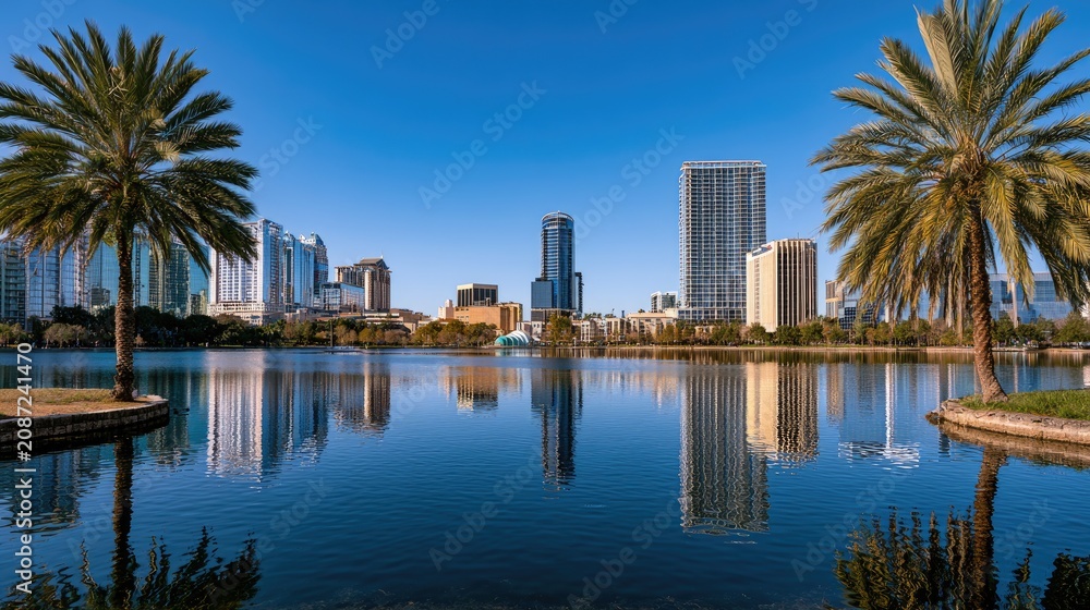 Obraz premium City skyline reflected in calm lake with palm trees