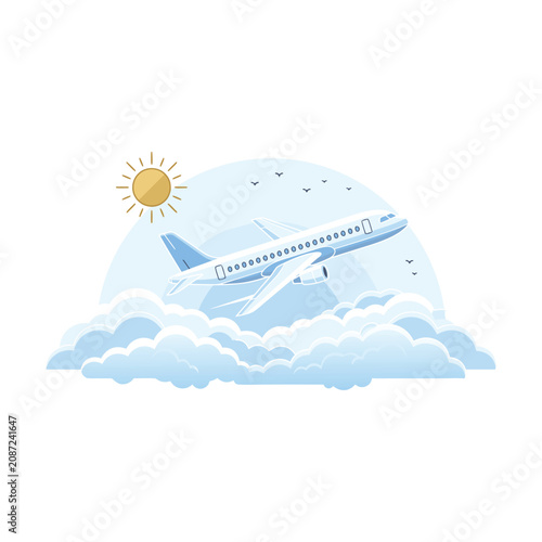 Air Travel Airplane Flying Above Clouds Vector Illustration