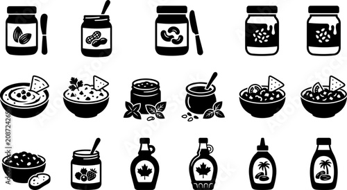 Fotografía Set of black and white food condiment icons including spreads dips and syrups