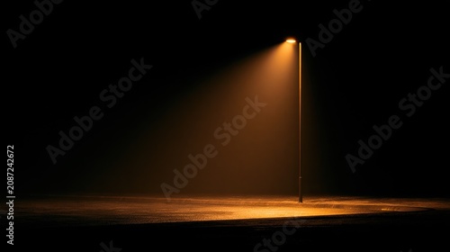 Solitary light illuminates misty ground in darkness