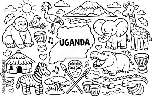 Uganda, monumentos emblemáticos, contorno de dibujos animados, ilustración de arte lineal dibujada a mano, dibujo de garabatos, página para colorear para niños