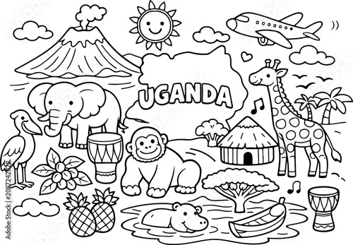 Uganda, monumentos emblemáticos, contorno de dibujos animados, ilustración de arte lineal dibujada a mano, dibujo de garabatos, página para colorear para niños