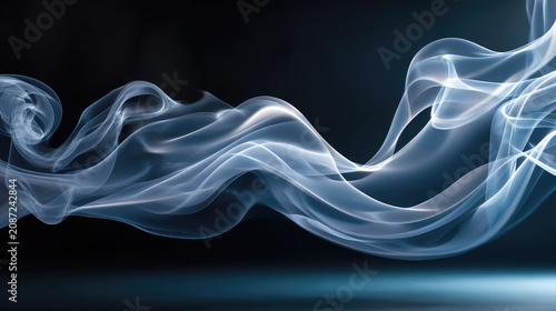 Smooth smoke waves creating elegant abstract patterns, flowing in gentle curves against a dark background, representing light movement and an ethereal atmosphere