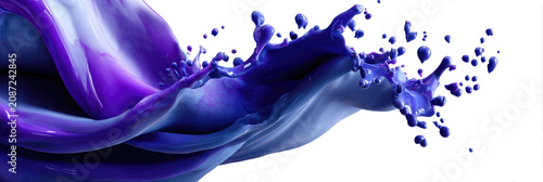 Vibrant blue and purple liquid pouring and splashing, creating dynamic flow and waves, abstract color burst capturing energetic fluid movement against white
