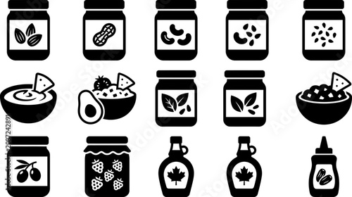 Tableau sur toile Set of black and white food condiment icons in jars and bowls.