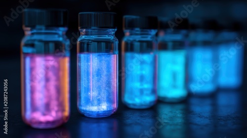 Vials containing glowing, colorful liquids arranged in a row on a reflective surface under low light.
