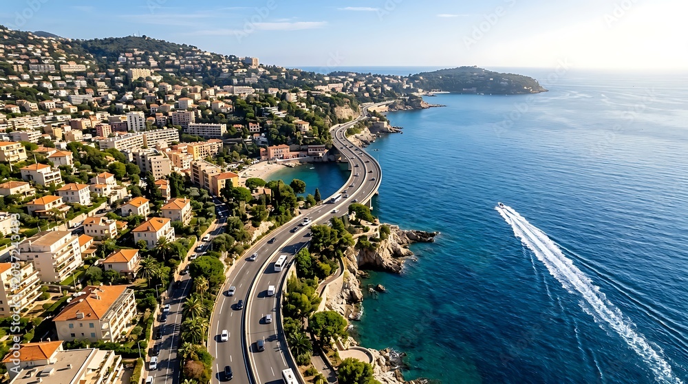 Fototapeta premium Aerial view of a picturesque coastal town with winding roads, Mediterranean Sea, and lush green hills under clear blue sky