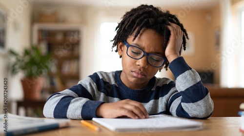 Tired schoolboy struggling with homework at home, illustrating learning difficulties, stress and education challenges