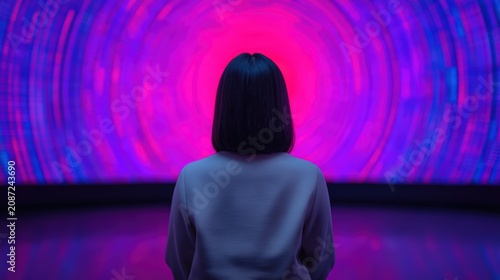 A person with short hair faces a vibrant, circular digital display glowing in shades of pink and purple in a dark room.