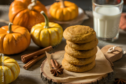Stack of delicious pumpkin cookies with pumpkins and cinnamon on table