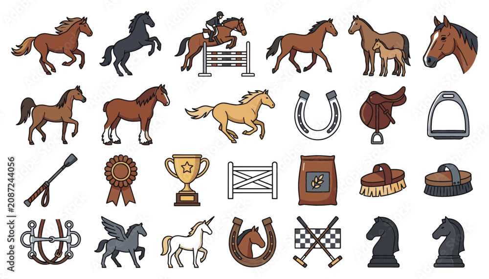 Obraz premium Horse Vector Icons Set with Silhouettes, Trophies, Rosettes, Shields, Medals, and Fencing Symbols in Flat Style