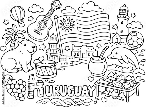 Uruguay, monumentos, contorno de dibujos animados, ilustración de arte lineal dibujada a mano, página para colorear para niños