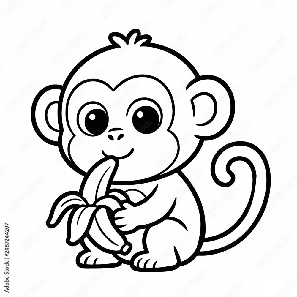 Obraz premium Cute cartoon monkey character holding and eating a banana with a happy expression isolated on white background