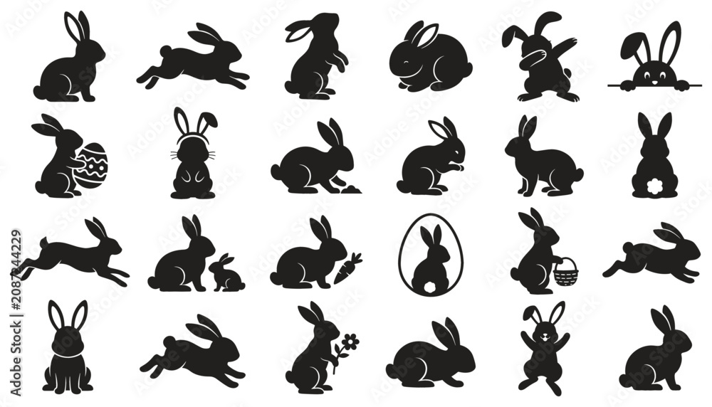 Obraz premium Rabbit Icons Set with Black Silhouette Designs for Vector Graphic, Easter Theme and Playful Animal Illustration