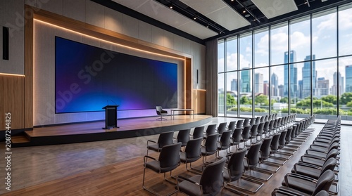 Modern auditorium with a large curved LED screen displaying a dynamic abstract digital data visualization, featuring an empty stage, podium, microphones, and rows of unoccupied grey seats in a profess