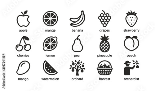 Collection of fruit icons including apple banana and more