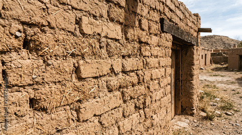 Mud bricks make up the exterior wall of an old structure in a secluded location