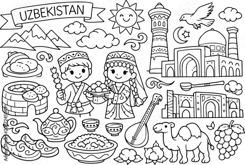 Uzbekistán, monumentos, contorno de dibujos animados, ilustración de arte lineal dibujada a mano, dibujo de garabatos, página para colorear para niños