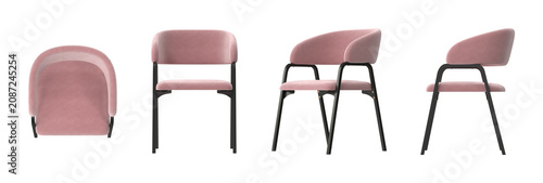 Modern pink velvet armchair with black metal legs, shown from multiple angles