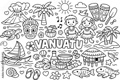 Vanuatu, monumentos, contorno de dibujos animados, ilustración de arte lineal dibujada a mano, dibujo de garabatos, página para colorear para niños
