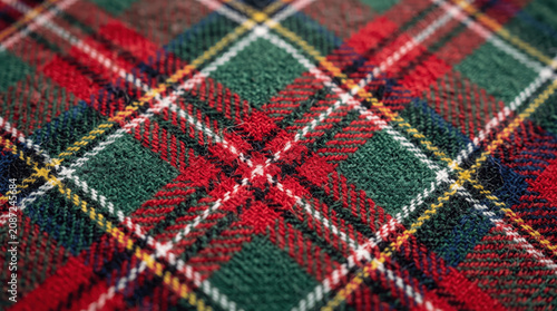 A close view of colorful tartan fabric shows a pattern of red, green, and yellow