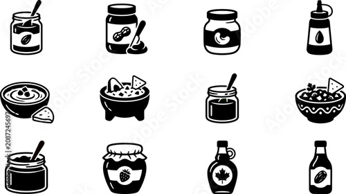 Tableau sur toile Set of black and white hand drawn food condiment and jar icons.