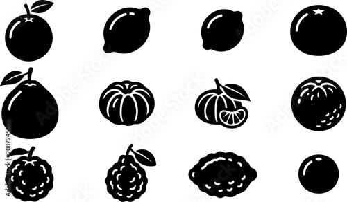 Foto Set of various citrus fruit icons in black silhouette style.