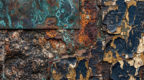 close-up view of an old wall featuring various textures and colors