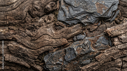 Close up view of weathered wood and smooth stone